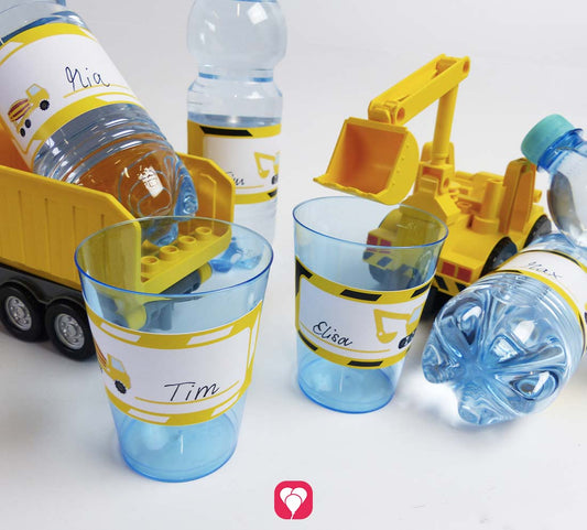 Balloonas Bauarbeiter Flaschenetiketten und Becherschilder mit gelben Baufahrzeugen für den Kindergeburtstag.