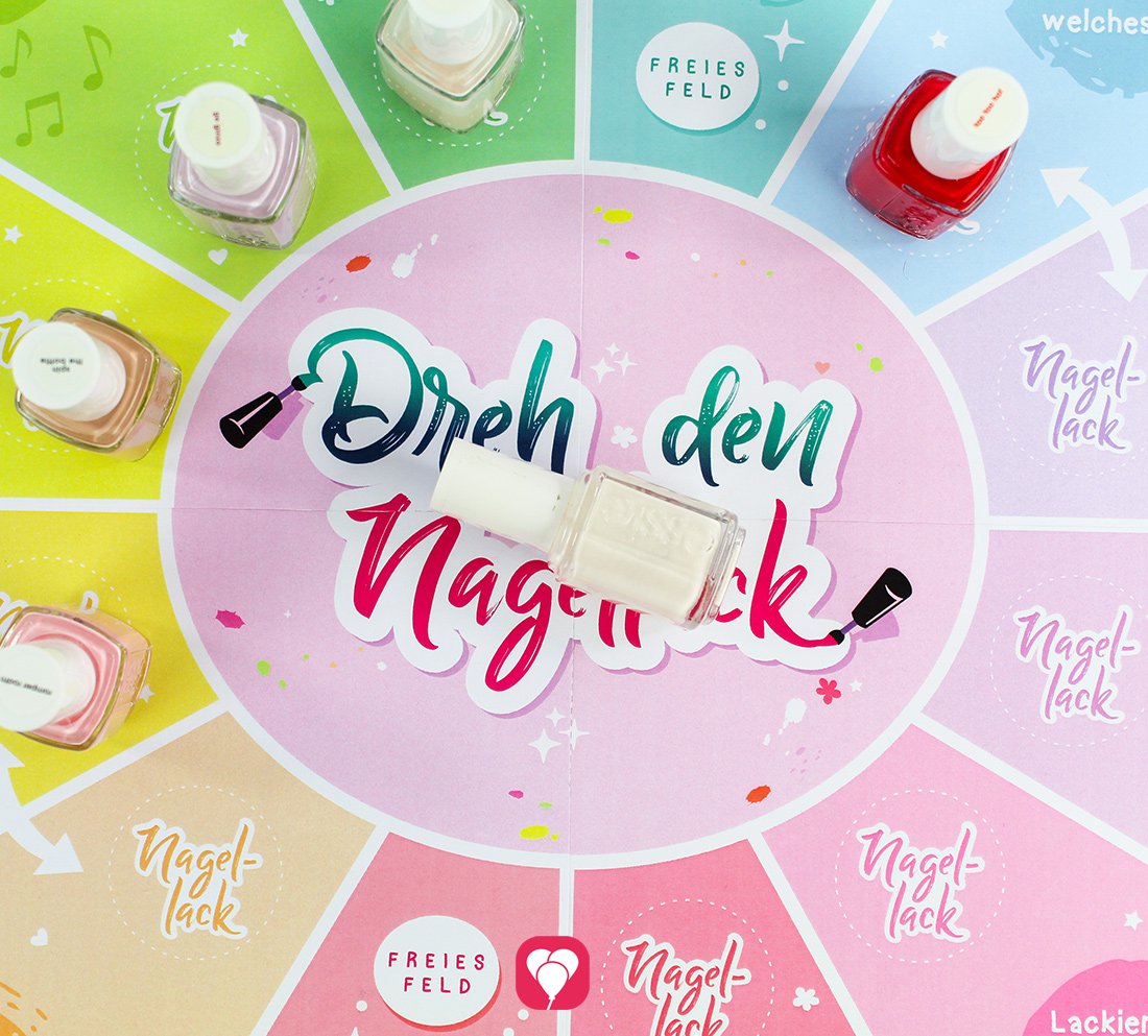 Das Spielfeld für das balloonas Beauty Party Spiel "Dreh den Nagellack". Nagellacke in verschiedenen Farben stehen auf den einzelnen Spielfeldern. 