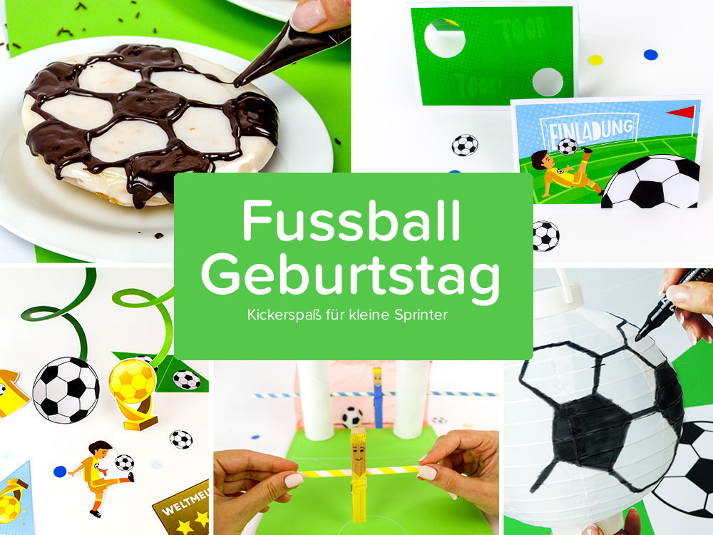 Bildercollage mit balloonas Produkten rund um das Motto Fussball Geburtstag.