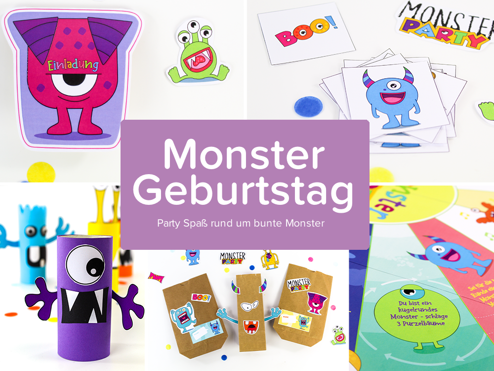 Bildercollage mit Produkten rund um den Kindergeburtstag im Monster Design von balloonas.