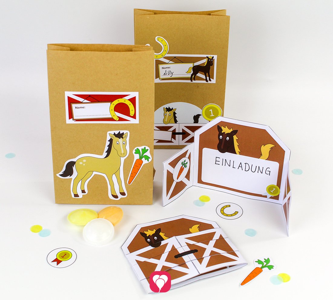 Das balloonas Pferde Geburtstag Set mit DIY Einladungskarten und Geschenkaufklebern im Pferde Design.