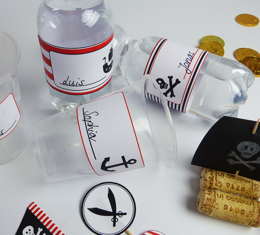 Piraten Flaschenetiketten und Becherschilder